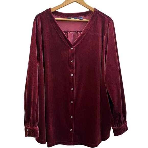 Lands End Rich Burgundy Velvet V Neck Long Sleeve Button Down Blouse Size 3X - Picture 3 of 12